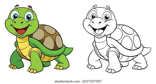 Happy Sea Turtle Cartoon Coloring Page For Kids. Underwater Animal Character Vector Illustration
