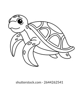 Happy Sea Turtle Cartoon Underwater Line art Vector Illustration