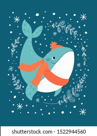 Happy sea whale isolated on dark background. Adorable ocean animal with floral ornament and snowflakes. Childish vector illustration in flat style. For card, poster, decoration, print and textile.