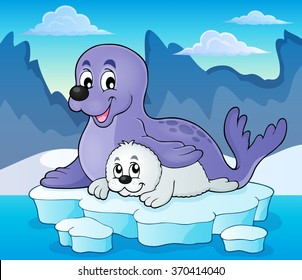 Happy seal with pup theme 2 - eps10 vector illustration.