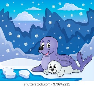 Happy seal with pup theme 3 - eps10 vector illustration.
