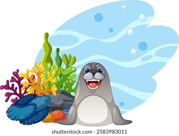 Happy seal with vibrant coral and ocean backdrop