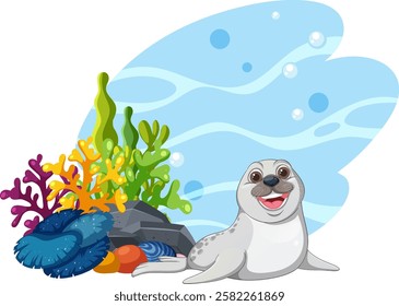 Happy seal with vibrant underwater coral background