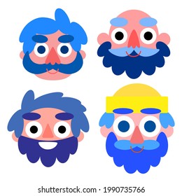 Happy seamen set isolated on white vector illustration. Funny four faces smiling cartoon seafarers. Flat men with blue hair, beards and mustaches collection