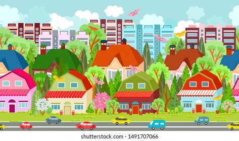 happy seamless border with cute cityscape for your design