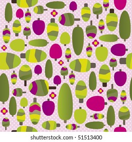 Happy seamless flowers and trees pattern in vector