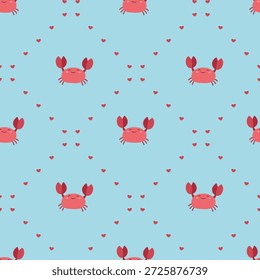 Happy seamless pattern with cartoon crab and pink hearts  
