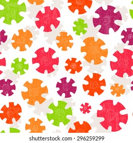 Happy seamless pattern with colorful geometric shapes. Children's summer theme. Can be used as textile, wallpaper, wrapping paper design. Vector background
