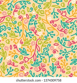 happy seamless pattern with doodleflowers and leaves, summer style colors, vector illustration