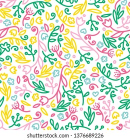 happy seamless pattern with doodleflowers and leaves, summer style colors, vector illustration