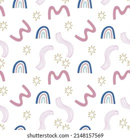 Happy seamless pattern with rainbows. Minimalistic and simple illustration in doodle scandinavian style for stylish design. White background.