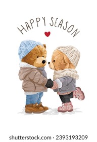 happy season slogan with cute couple bear doll lovers in winter style vector illustration