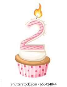 Happy Second 2 Birthday girl card with cupcake and candle in flat design style, vector illustration.