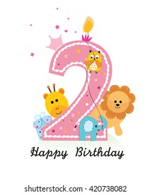 Happy second birthday with animals baby girl greeting card vector