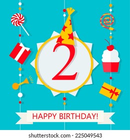 Happy Second Birthday Anniversary card with hanging gifts and and sweets, vector illustration 