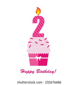 Happy Second Birthday Anniversary card with cupcake and candle  in flat design style, vector illustration 