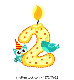 Happy Second Birthday Candle and Animals Isolated on white. The number three. Vector illustration