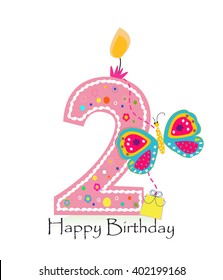 Happy second birthday candle. Baby girl greeting card with butterfly vector background