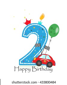 Happy Second Birthday Candle. Baby Boy Greeting Card With Race Car Vector Illustration