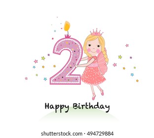 Happy second birthday candle. Girl greeting card with cute fairy tale vector background