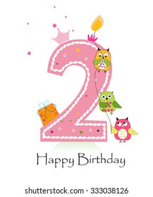 Happy second birthday candle with owls baby girl greeting card vector
