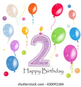 Happy second birthday candle vector with colorful confetti and balloons vector illustration