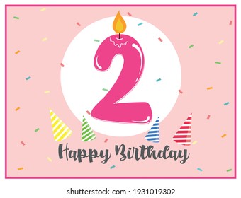 Happy second birthday. Cute background for 2 years old babies. Beautiful card for 2nd birthday. Number two candle in a spotlight. Birthday confetti and party hats. Happy birthday text. 