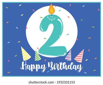 Happy second birthday. Cute background for 2 years old babies. Beautiful card for 2nd birthday. Number two candle in a spotlight. Birthday confetti and party hats. Happy birthday text. 