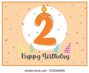 Happy second birthday. Cute background for 2 years old babies. Beautiful card for 2nd birthday. Number two candle in a spotlight. Birthday confetti and party hats. Happy birthday text. 