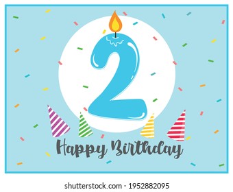 Happy second birthday. Cute background for 2 years old babies. Beautiful card for 2nd birthday. Number two candle in a spotlight. Birthday confetti and party hats. Happy birthday text. 