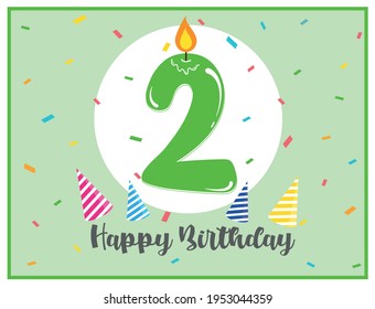 Happy second birthday. Cute background for 2 years old babies. Beautiful card for 2nd birthday. Number two candle in a spotlight. Birthday confetti and party hats. Happy birthday text. 