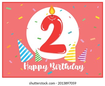 Happy second birthday. Cute background for 2 years old babies. Beautiful card for 2nd birthday. Number two candle in a spotlight. Birthday confetti and party hats. Happy birthday text. 