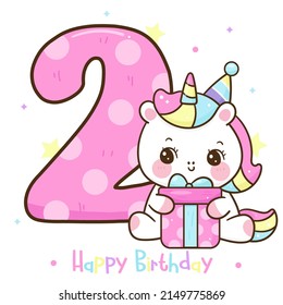 Happy second birthday with cute princess unicorn greeting card vector: Series fairy character party celebration anniversary (flat Girly doodles). Perfect Nursery children, kids, baby shower, fabric.