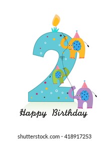 Happy second birthday with elephants baby boy greeting card vector