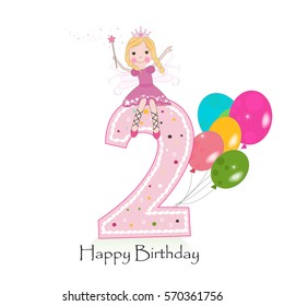 Happy second birthday greeting card with cute fairy tale