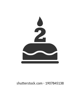 Happy second birthday icon. Cake with a candle in the form of the number 2. Vector symbol EPS 10