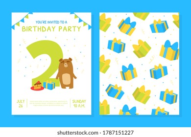 Happy Second Birthday Invitation Card Template, Birthday Anniversary Number with Cute Bear Animals, Front and Back Sides Cartoon Style Vector Illustration