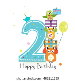 Happy second birthday with owls and gift box. Baby boy birthday greeting card vector illustration