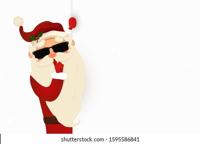 Happy Secret Santa Claus standing behind a blank sign, showing on big blank sign. Cartoon Santa Claus character holding a placard with copy space. vector illustration.