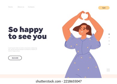 Happy to see you concept of landing page with young girl showing heart shape finger hand gesture. Cheerful woman demonstrating love and happiness. Positive female. Cartoon flat vector illustration