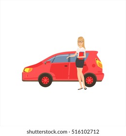Happy Self-made Business Lady With Her Red Car In Office Dress Code Outfit Clothing, Part Of Women Different Lifestyles Collection
