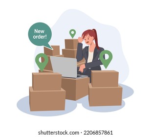 Happy selling products online.woman seller check product order for delivery to customer. Online selling, e-commerce, shipping concept ,Vector illustration.