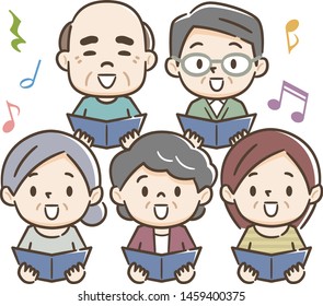 Happy senior adults singing from song books