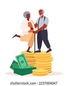 Happy Senior African Black Skin Pensioners Male Female Characters Stand on Huge Pile of Money Golden Coins Stack.Financial Wealth,Pension Deductions,Savings,Wealthy Retirement.Flat Vector Illustration