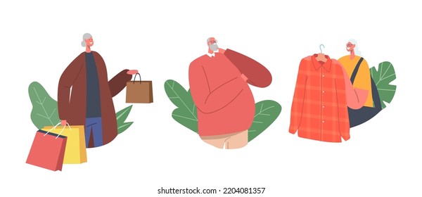 Happy Senior Characters Shopping Recreation Isolated Icons or Avatars. Sale and Discount Concept with Old Men and Women with Bags Buying Fashionable Apparel Dresses. Cartoon People Vector Illustration