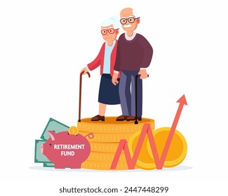 Happy senior citizen couple Stand on Huge Pile of invested Money Financial Wealth, saving Retirement pension