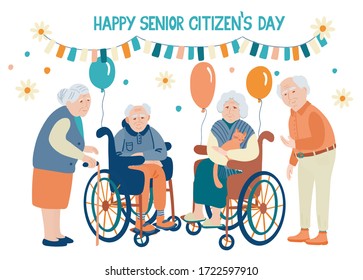 Happy senior citizens day. Lettering and vector illustration of senior men and women with balloons, bunting party flags. Wheelchairs, walking cane, pet cat. Vector greeting card isolated on white.