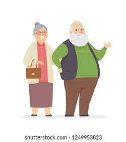 Happy senior couple - cartoon people characters isolated illustration on white background. High quality composition with a smiling elderly man with beard standing together with wife, taking her arm