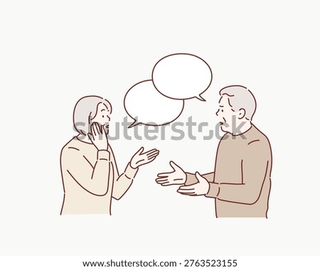 Happy Senior Couple Communicating and Sharing Opinions with Speech Bubbles Original vector illustration drawn by hand.