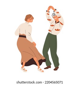 Happy senior couple dancing. Active elderly man and woman dance with fun and joy. Old aged spouse, wife and husband moving to music. Flat graphic vector illustration isolated on white background.